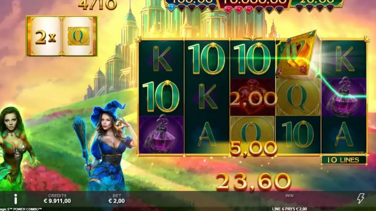 Cena mágica do slot Book of Oz Magic 5 Power Combo com elementos da Cidade das Esmeraldas