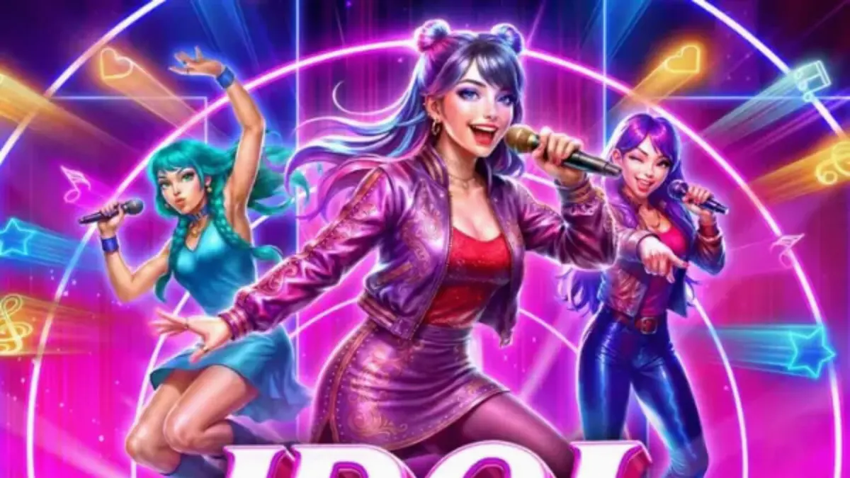 Interface vibrante do jogo Idol Pop Fever com luzes neon e temática de show pop.
