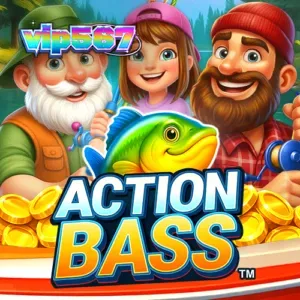 Interface do jogo de caça-níqueis Action Bass com pescadores e símbolos de peixes